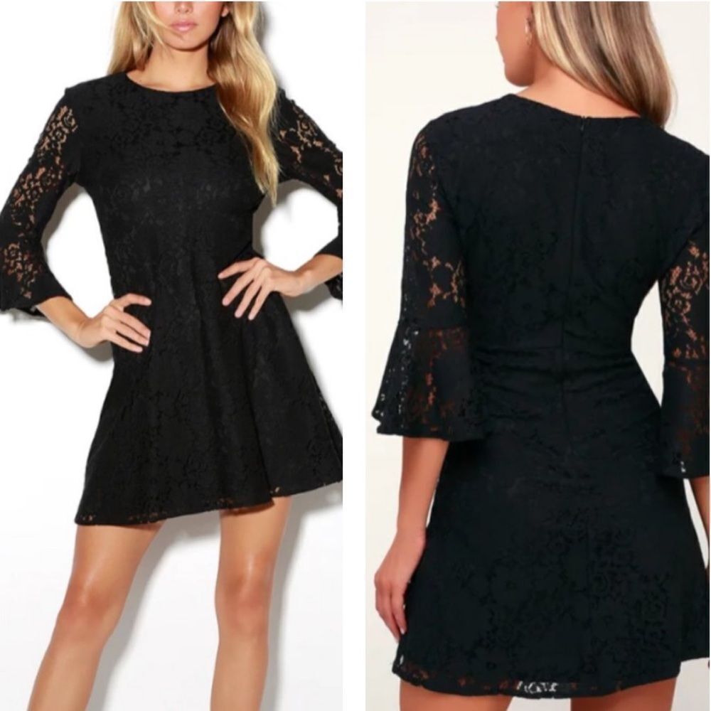 Lulu’s Favorite Flair Black Floral Lace Flounce Sleeve Dress Size S